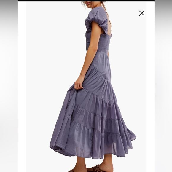 NWOT Free People Boho Sundrenched Smocked Puff Sleeve Maxi Blue Granite- M - Picture 5 of 14